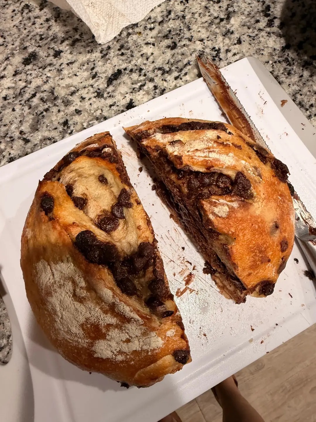 Chocolate inclusion loaf cut in half