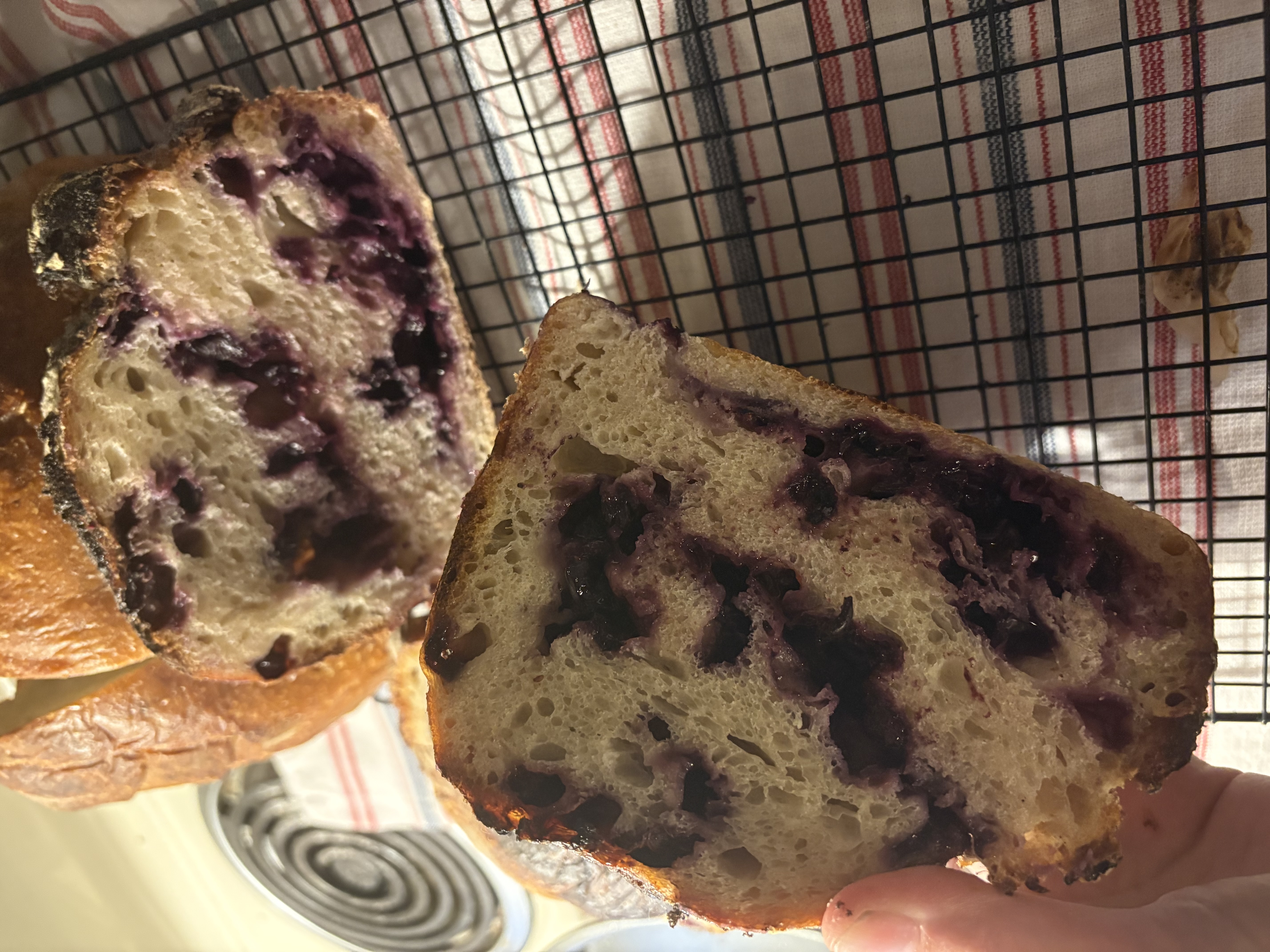 Blueberry sourdough sliced to show the crumb